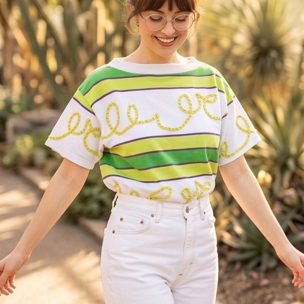 Vintage 70s Gene Ewing Bis Bis Striped Ribbon‎ Applique Shirt Green White *Spot*